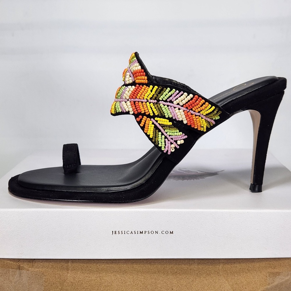 Jessica Simpson Rixei Black Microsuede Beaded Leaf Toe Ring Stiletto Heels 9.5M